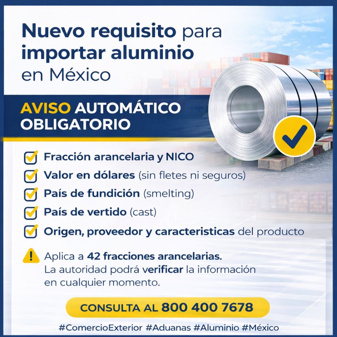 Modificación a reglas de comercio exterior: Aviso automático para importación de productos de aluminio (Regla 2.2.26 Bis)