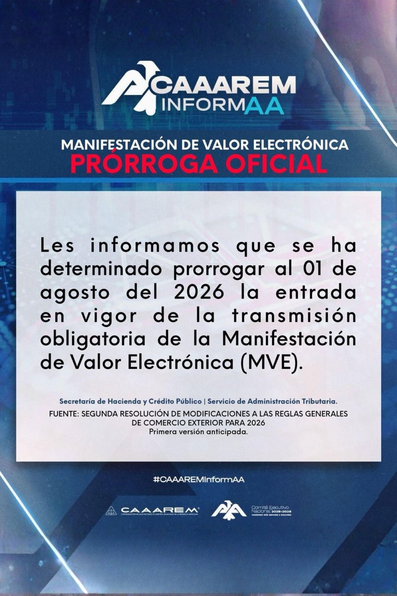 CAAAREM informa prórroga oficial para la Manifestación de Valor Electrónica (MVE) hasta agosto de 2026