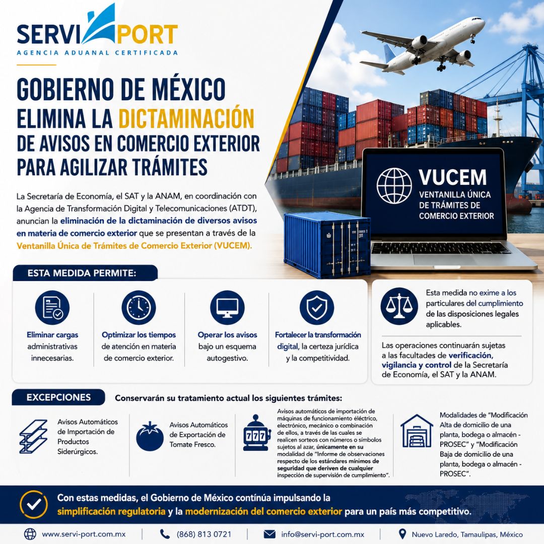 La Secretaría de Economía, SAT y ANAM eliminan la dictaminación de avisos de comercio exterior para agilizar trámites en la VUCEM.