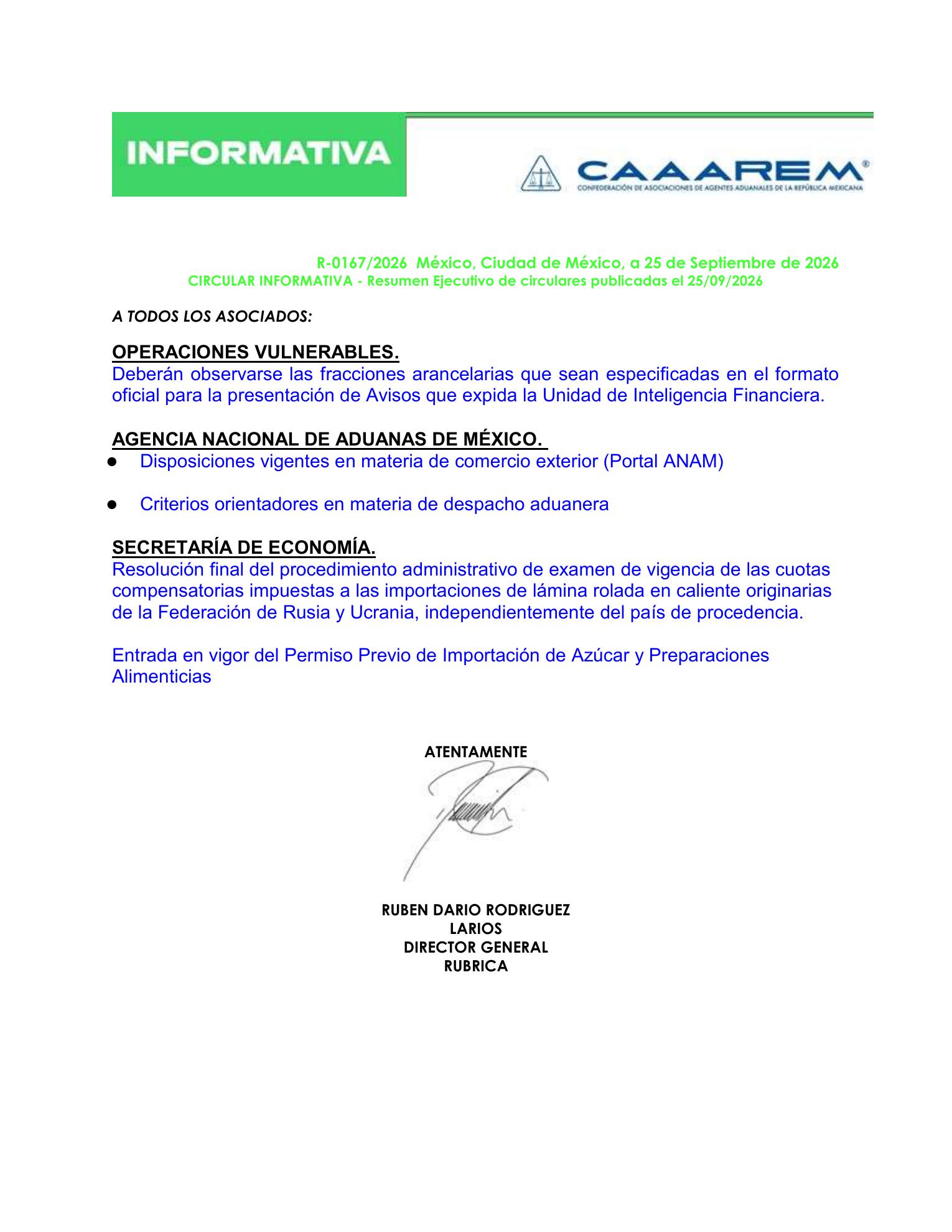 Resumen ejecutivo de circulares CAAAREM del 25 de septiembre de 2026