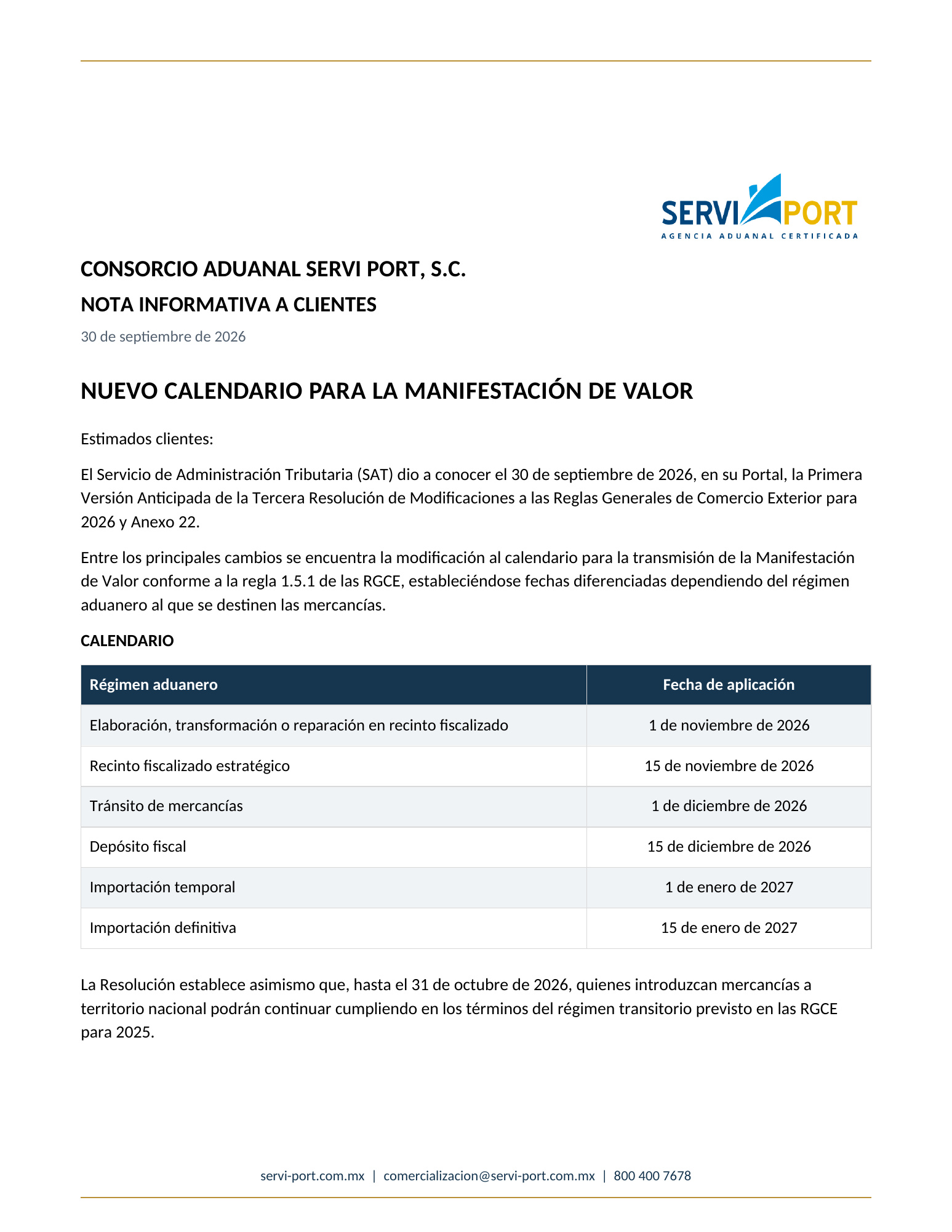 NOTA INFORMATIVA A CLIENTES